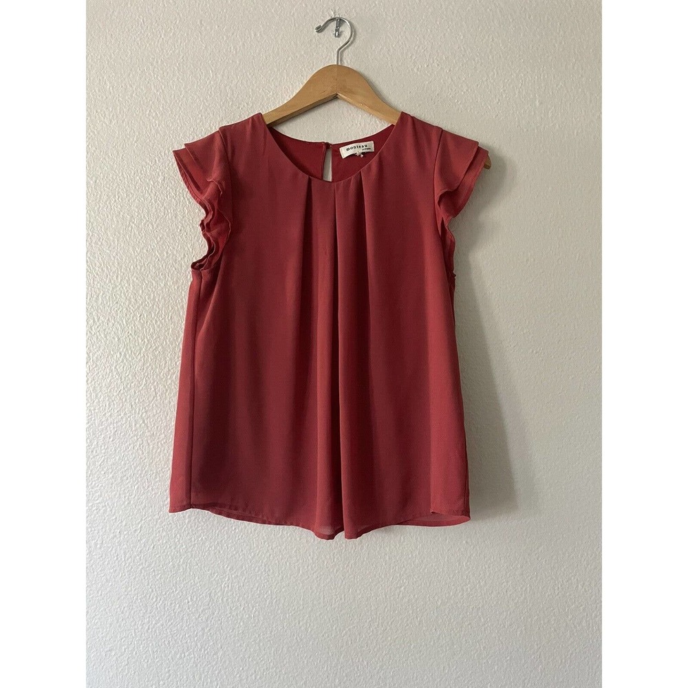 Monteau Flutter Sleeve Chiffon Blouse Size S Coral Pink Red‎ Pleated Front Lined